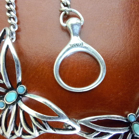Fossil Silver Butterfly Necklace with Turquoise Accents - Picture 2 of 4